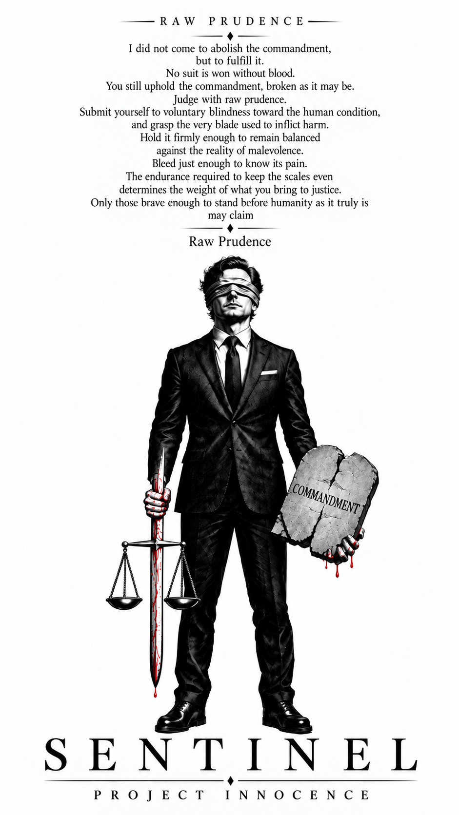 The blindfolded Sentinel in a suit, holding the blade of a sword with scales and a broken tablet of commandments. Blood marks his hands and the blade.