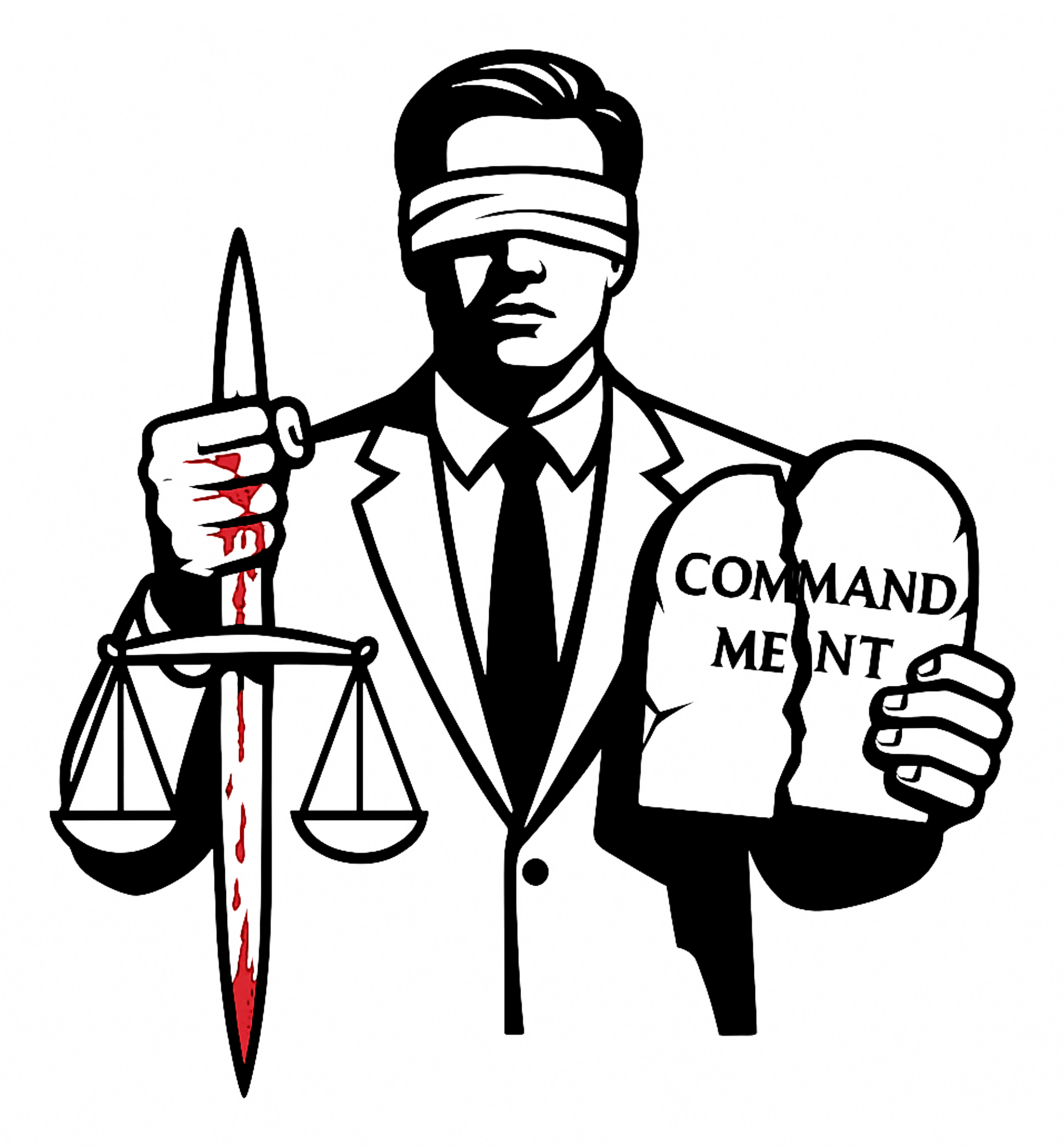 رسم توضيحي تأسيسي JPLaw لشخصية معصوبة العينين تحمل سيفًا بمقاييس ولوحًا مكسورًا من الوصايا